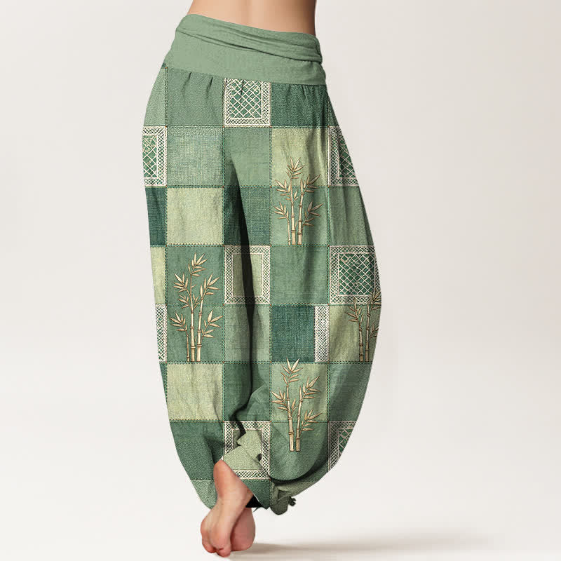 Buddha Stones Pantaloni harem da donna in cotone con motivo patchwork di bambù e vita elasticizzata - image 2