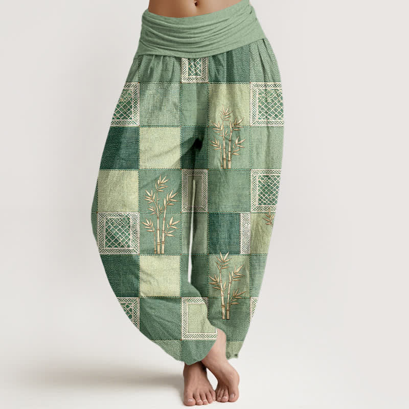 Buddha Stones Pantaloni harem da donna in cotone con motivo patchwork di bambù e vita elasticizzata - Verde chiaro - US16, UK/AU20, EU48 (3XL) - image 0
