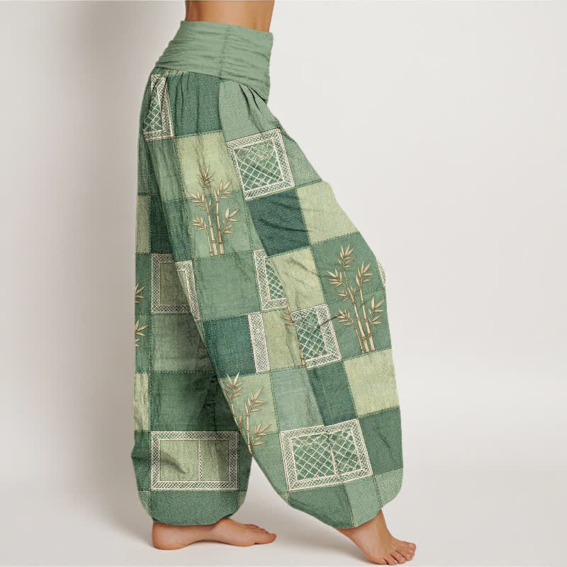 Buddha Stones Pantaloni harem da donna in cotone con motivo patchwork di bambù e vita elasticizzata - image 1