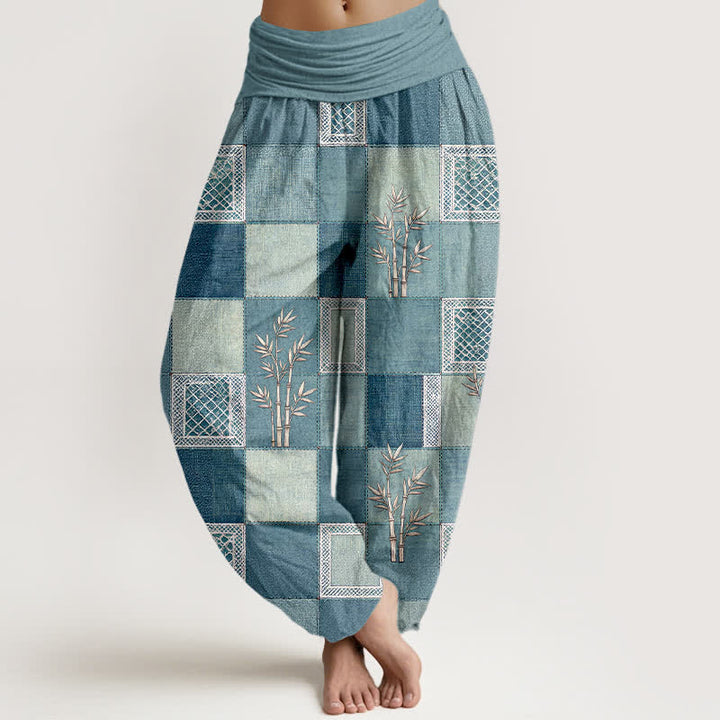 Buddha Stones Pantaloni harem da donna in cotone con motivo patchwork di bambù e vita elasticizzata - Azzurro polvere - US16, UK/AU20, EU48 (3XL) - image 8
