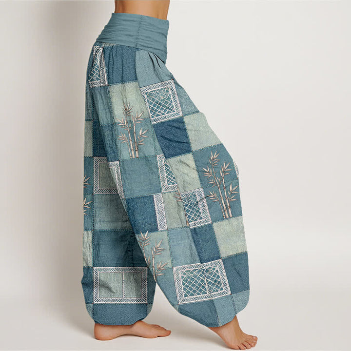 Buddha Stones Pantaloni harem da donna in cotone con motivo patchwork di bambù e vita elasticizzata - image 9