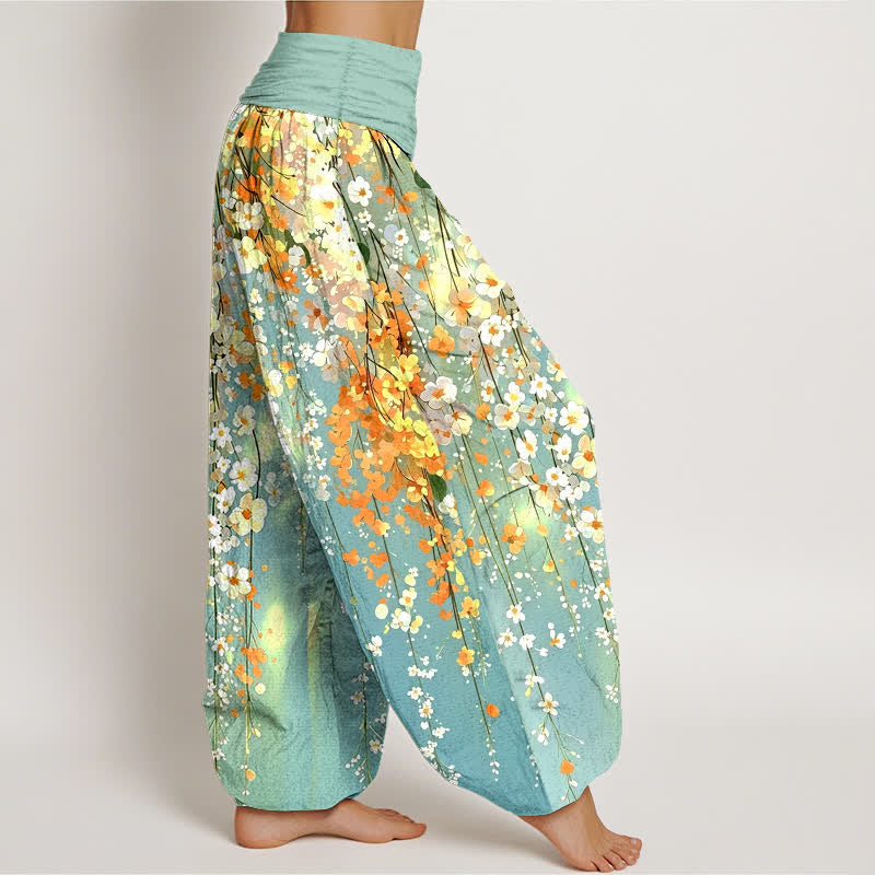 Buddha Stones Pantaloni harem da donna in cotone con motivo a cascata di fiori selvatici e vita elasticizzata. - image 1