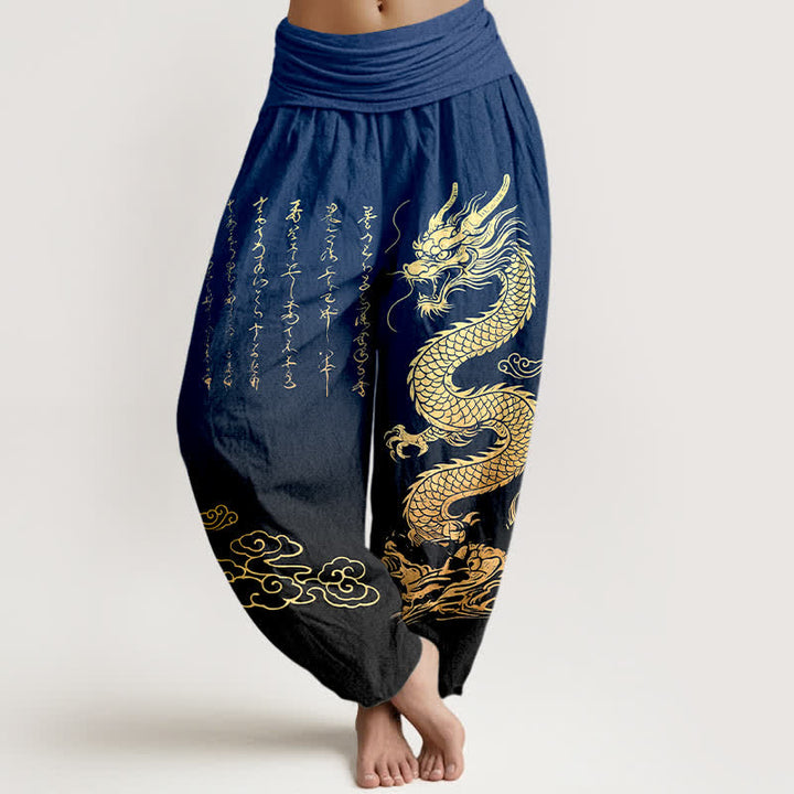 Buddha Stones Pantaloni harem da donna in cotone con motivo drago dorato e nuvole, con elastico in vita. - Marina - US16, UK/AU20, EU48 (3XL) - image 0