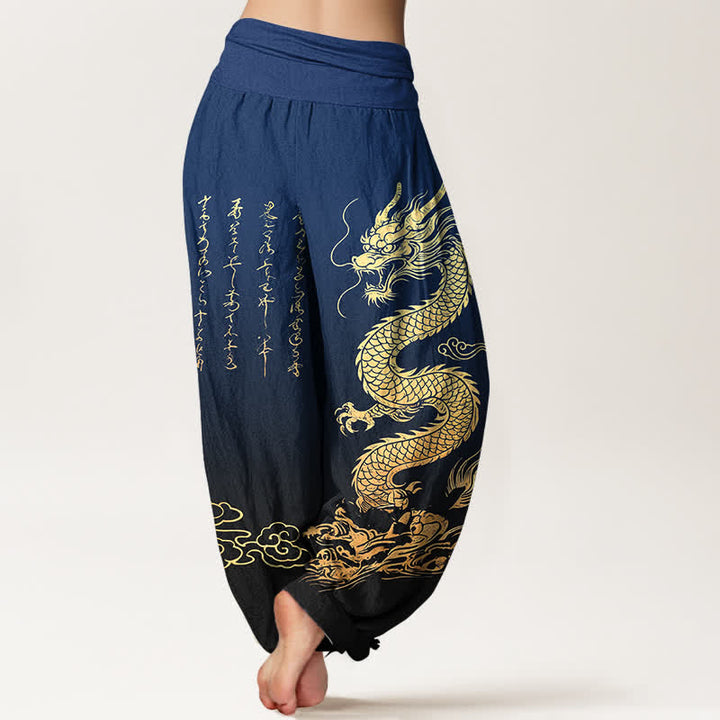 Buddha Stones Pantaloni harem da donna in cotone con motivo drago dorato e nuvole, con elastico in vita. - image 2