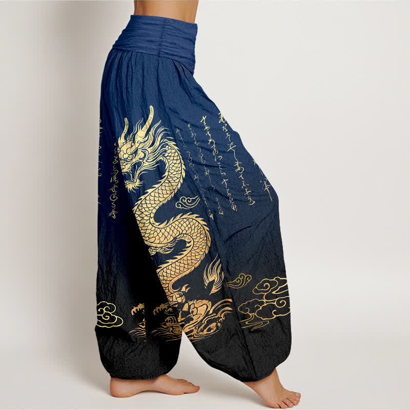 Buddha Stones Pantaloni harem da donna in cotone con motivo drago dorato e nuvole, con elastico in vita. - image 1