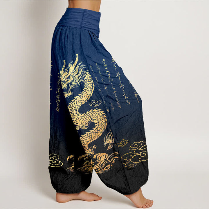 Buddha Stones Pantaloni harem da donna in cotone con motivo drago dorato e nuvole, con elastico in vita. - image 1