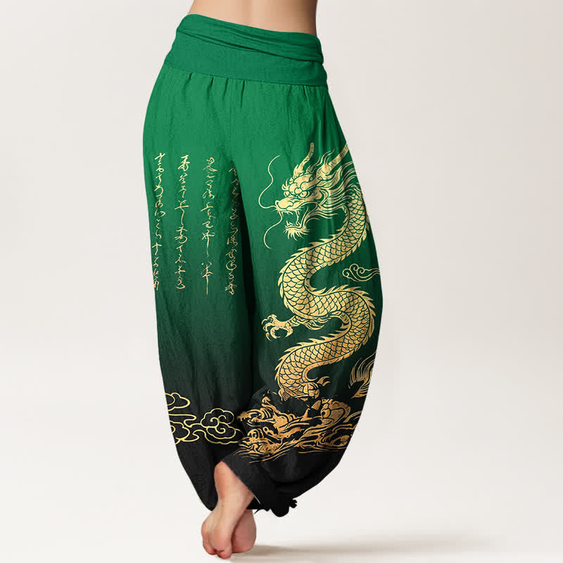 Buddha Stones Pantaloni harem da donna in cotone con motivo drago dorato e nuvole, con elastico in vita. - image 7
