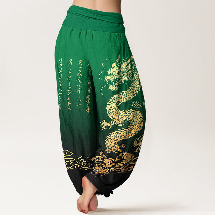 Buddha Stones Pantaloni harem da donna in cotone con motivo drago dorato e nuvole, con elastico in vita. - image 7