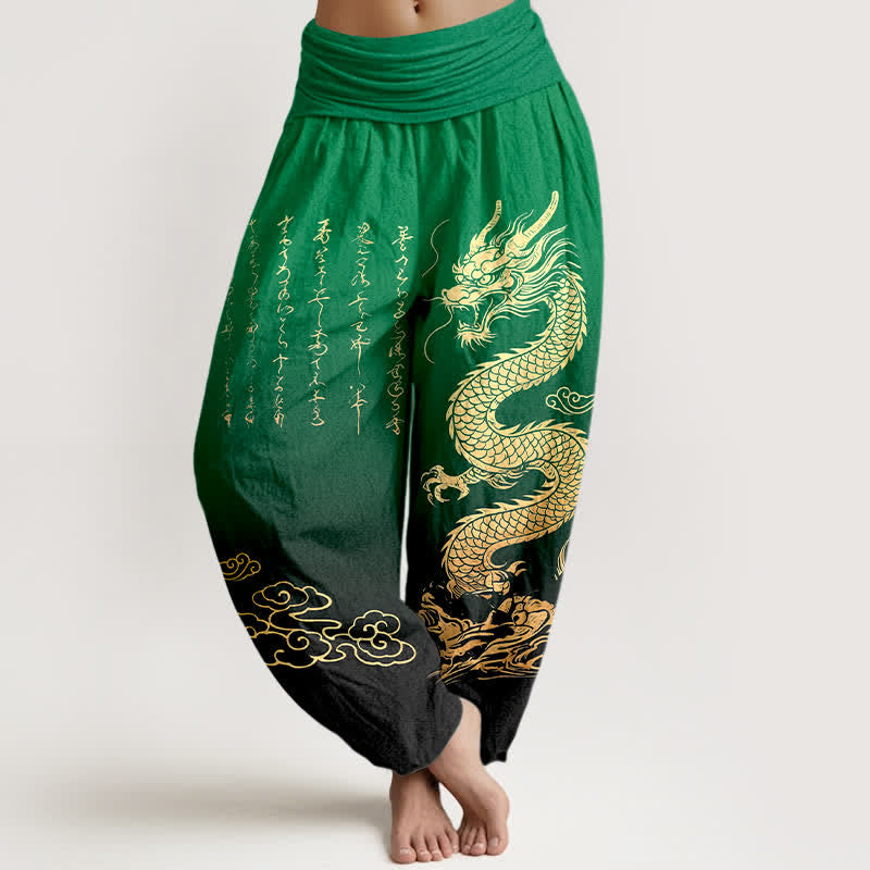 Buddha Stones Pantaloni harem da donna in cotone con motivo drago dorato e nuvole, con elastico in vita. - Verde - US16, UK/AU20, EU48 (3XL) - image 5