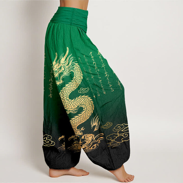 Buddha Stones Pantaloni harem da donna in cotone con motivo drago dorato e nuvole, con elastico in vita. - image 6