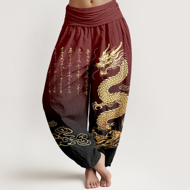 Buddha Stones Pantaloni harem da donna in cotone con motivo drago dorato e nuvole, con elastico in vita. - Marrone - US16, UK/AU20, EU48 (3XL) - image 8
