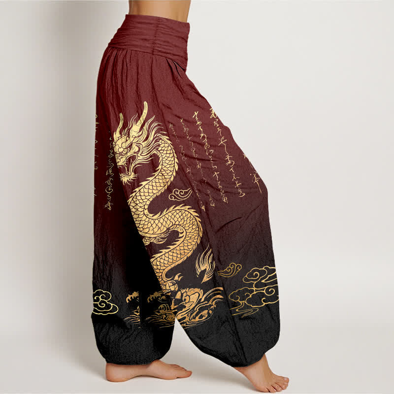 Buddha Stones Pantaloni harem da donna in cotone con motivo drago dorato e nuvole, con elastico in vita. - image 9
