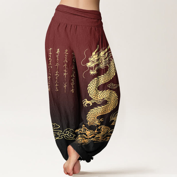 Buddha Stones Pantaloni harem da donna in cotone con motivo drago dorato e nuvole, con elastico in vita. - image 10