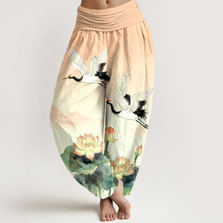 Buddha Stones Pantaloni harem da donna in cotone con motivo gru volanti e loto, con elastico in vita. - PeachPuff - US16, UK/AU20, EU48 (3XL) - image 0