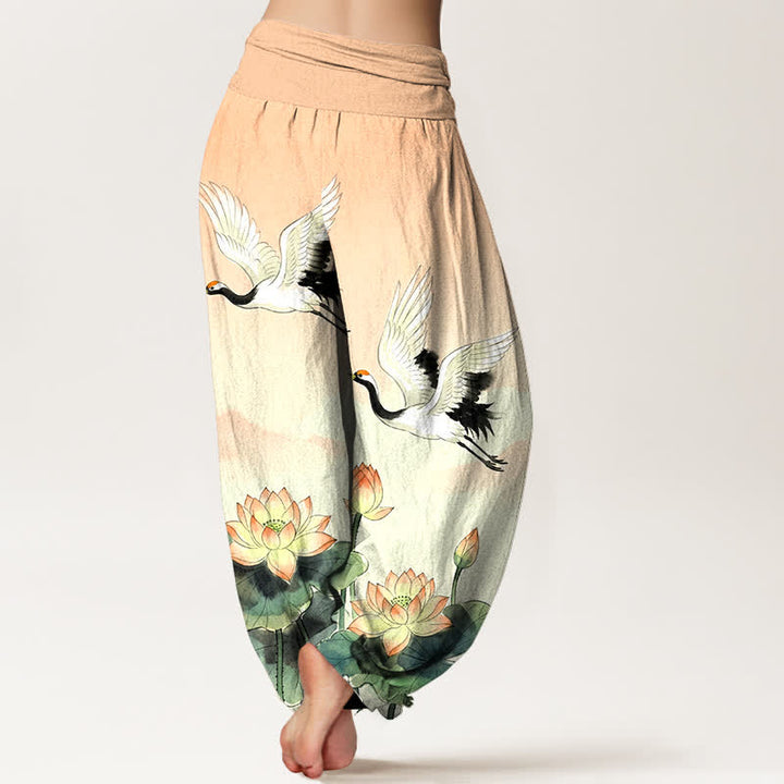 Buddha Stones Pantaloni harem da donna in cotone con motivo gru volanti e loto, con elastico in vita. - image 2