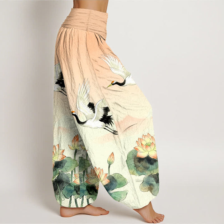 Buddha Stones Pantaloni harem da donna in cotone con motivo gru volanti e loto, con elastico in vita. - image 1