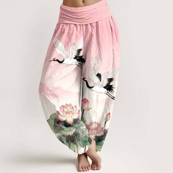 Buddha Stones Pantaloni harem da donna in cotone con motivo gru volanti e loto, con elastico in vita. - Rosa chiaro - US16, UK/AU20, EU48 (3XL) - image 5
