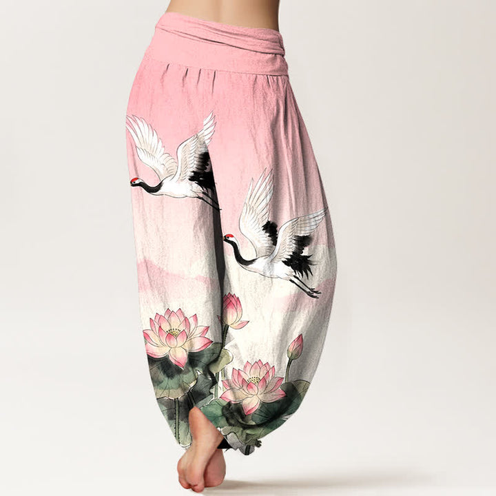Buddha Stones Pantaloni harem da donna in cotone con motivo gru volanti e loto, con elastico in vita. - image 7