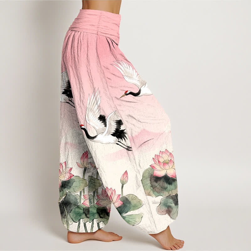 Buddha Stones Pantaloni harem da donna in cotone con motivo gru volanti e loto, con elastico in vita. - image 6