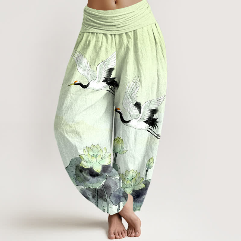 Buddha Stones Pantaloni harem da donna in cotone con motivo gru volanti e loto, con elastico in vita. - Melata - US16, UK/AU20, EU48 (3XL) - image 8