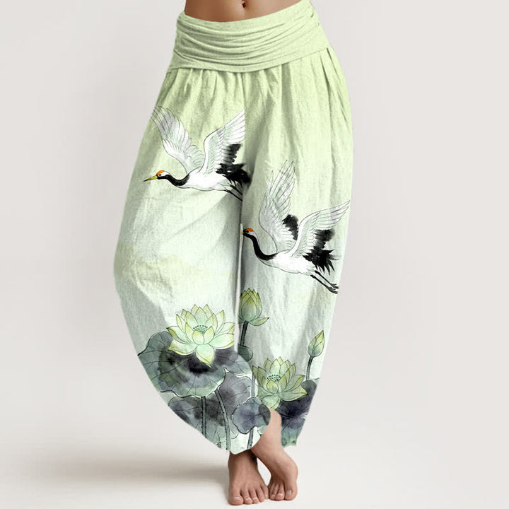 Buddha Stones Pantaloni harem da donna in cotone con motivo gru volanti e loto, con elastico in vita. - Melata - US16, UK/AU20, EU48 (3XL) - image 8