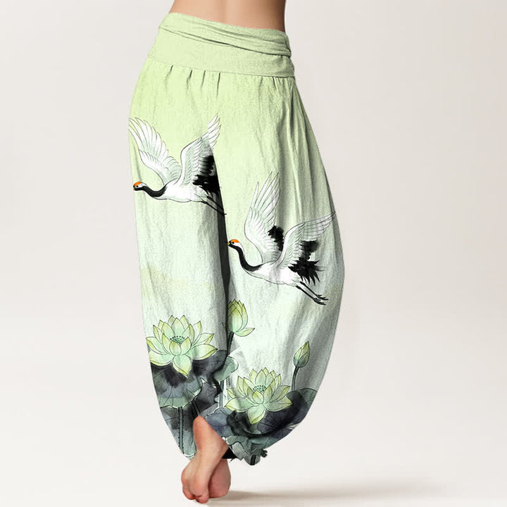 Buddha Stones Pantaloni harem da donna in cotone con motivo gru volanti e loto, con elastico in vita. - image 10