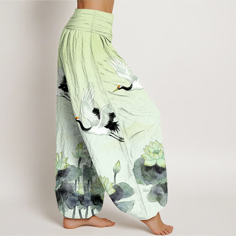 Buddha Stones Pantaloni harem da donna in cotone con motivo gru volanti e loto, con elastico in vita. - image 9