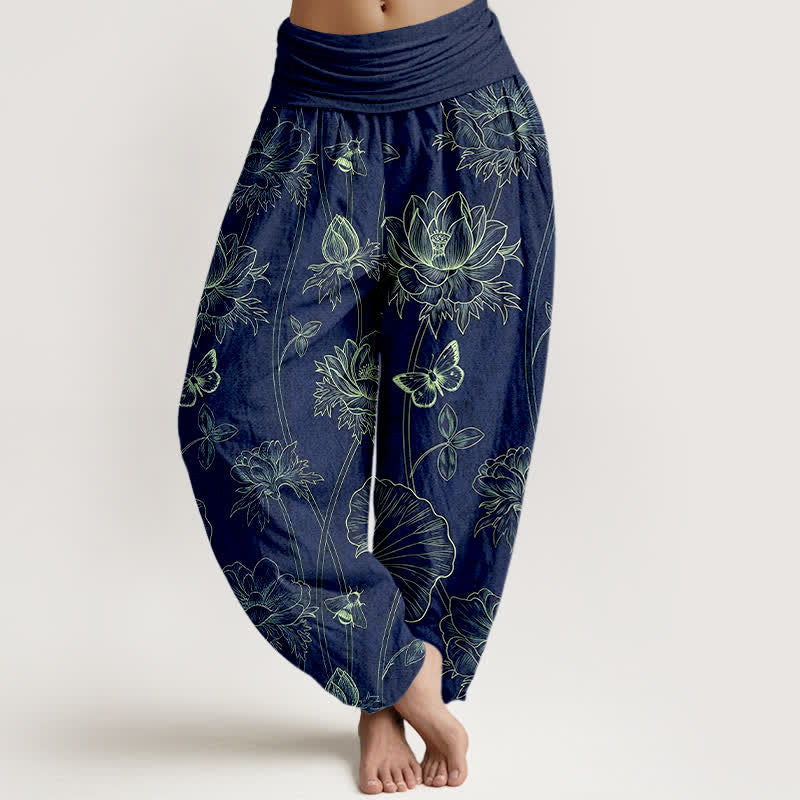 Buddha Stones Pantaloni harem da donna in cotone con motivo a farfalla e loto, con elastico in vita. - Marina - US16, UK/AU20, EU48 (3XL) - image 0