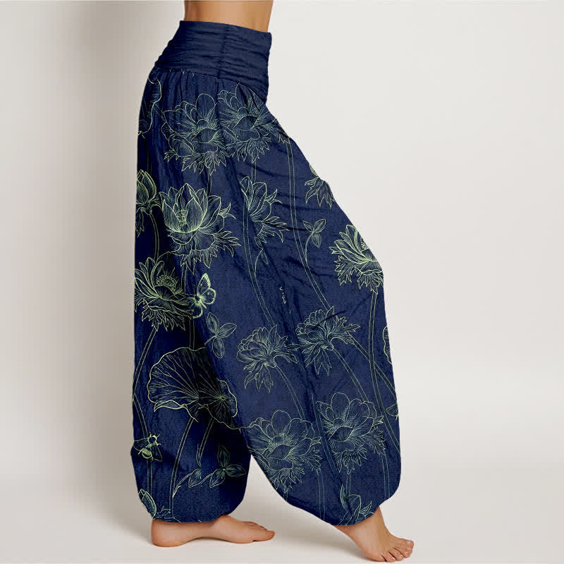 Buddha Stones Pantaloni harem da donna in cotone con motivo a farfalla e loto, con elastico in vita. - image 1