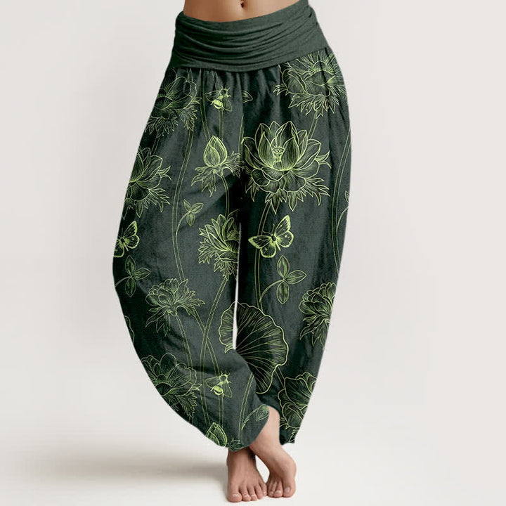 Buddha Stones Pantaloni harem da donna in cotone con motivo a farfalla e loto, con elastico in vita. - Verde scuro - US16, UK/AU20, EU48 (3XL) - image 8