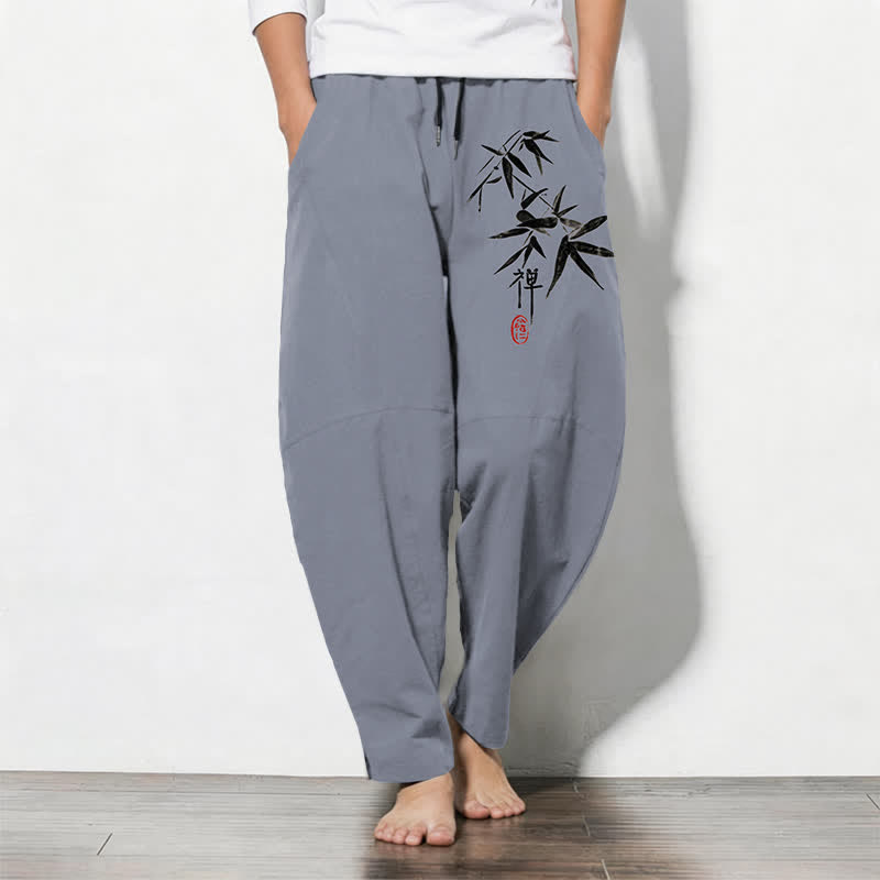 Buddha Stones Pantaloni da uomo affusolati in puro cotone con motivo a foglie di bambù Zen e coulisse, con tasche. - Grigio ardesia - US/UK/AU50, EU60 (5XL) - image 0