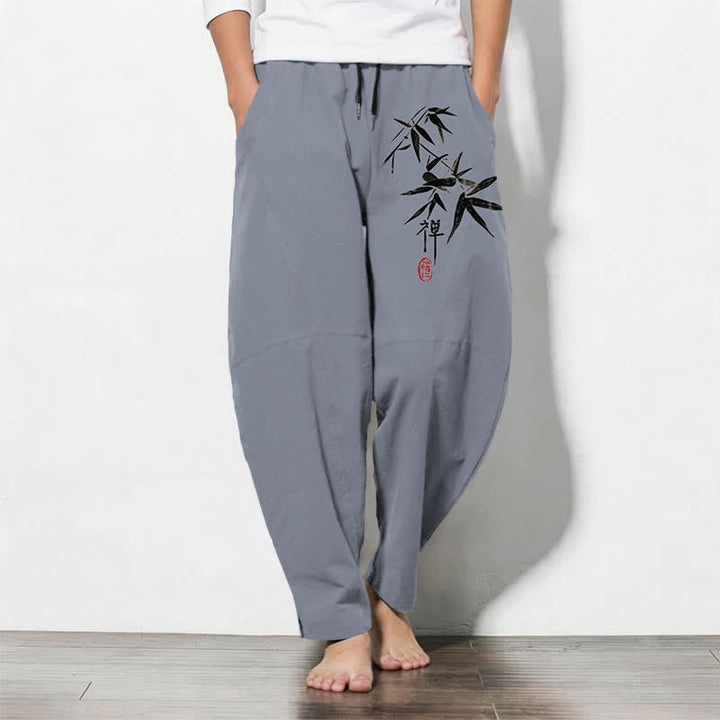 Buddha Stones Pantaloni da uomo affusolati in puro cotone con motivo a foglie di bambù Zen e coulisse, con tasche. - Grigio ardesia - US/UK/AU50, EU60 (5XL) - image 0
