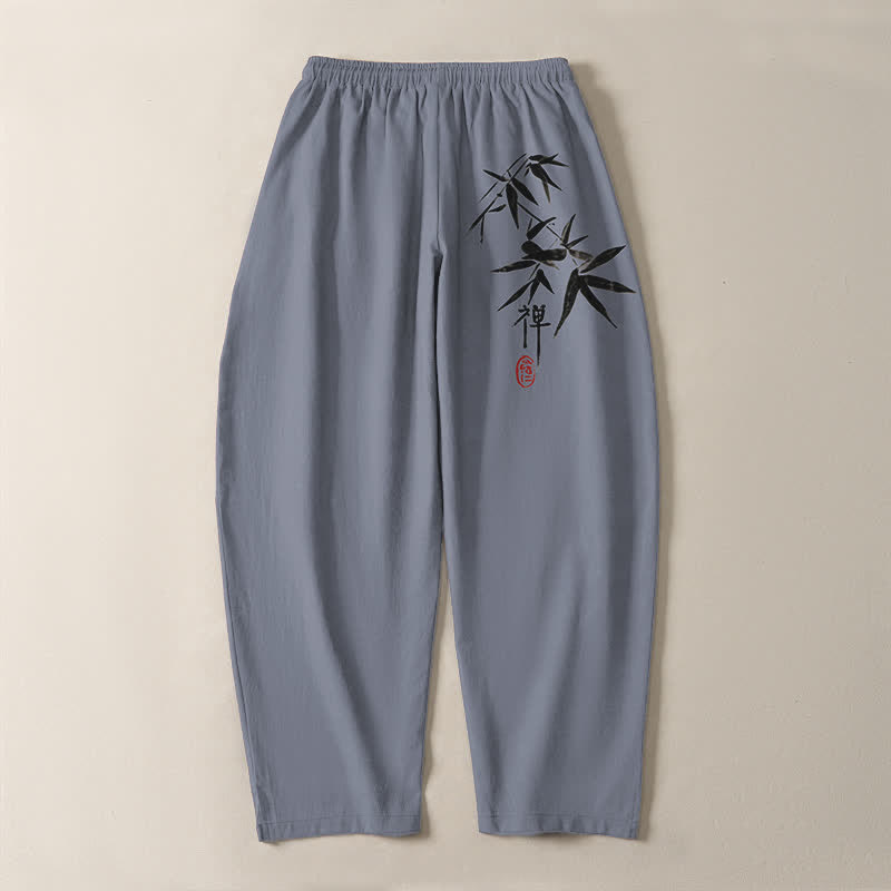 Buddha Stones Pantaloni da uomo affusolati in puro cotone con motivo a foglie di bambù Zen e coulisse, con tasche. - image 3