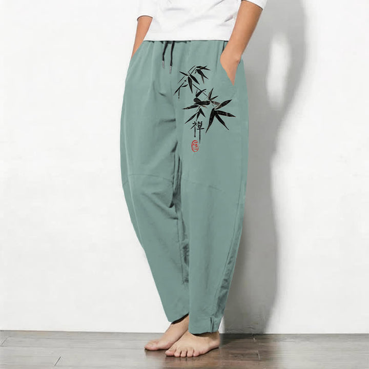 Buddha Stones Pantaloni da uomo affusolati in puro cotone con motivo a foglie di bambù Zen e coulisse, con tasche. - image 8