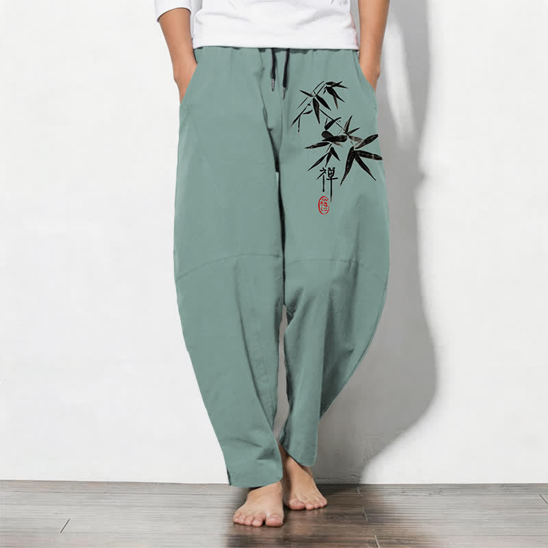 Buddha Stones Pantaloni da uomo affusolati in puro cotone con motivo a foglie di bambù Zen e coulisse, con tasche. - Acquamarina media - US/UK/AU50, EU60 (5XL) - image 7