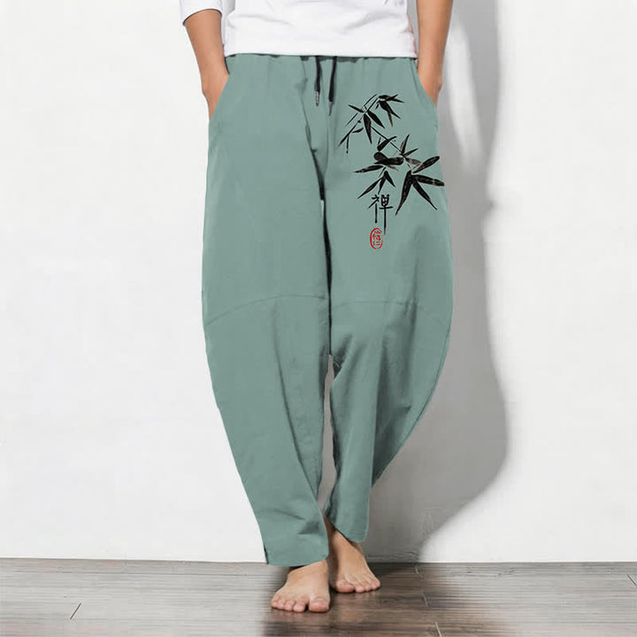 Buddha Stones Pantaloni da uomo affusolati in puro cotone con motivo a foglie di bambù Zen e coulisse, con tasche. - Acquamarina media - US/UK/AU50, EU60 (5XL) - image 7