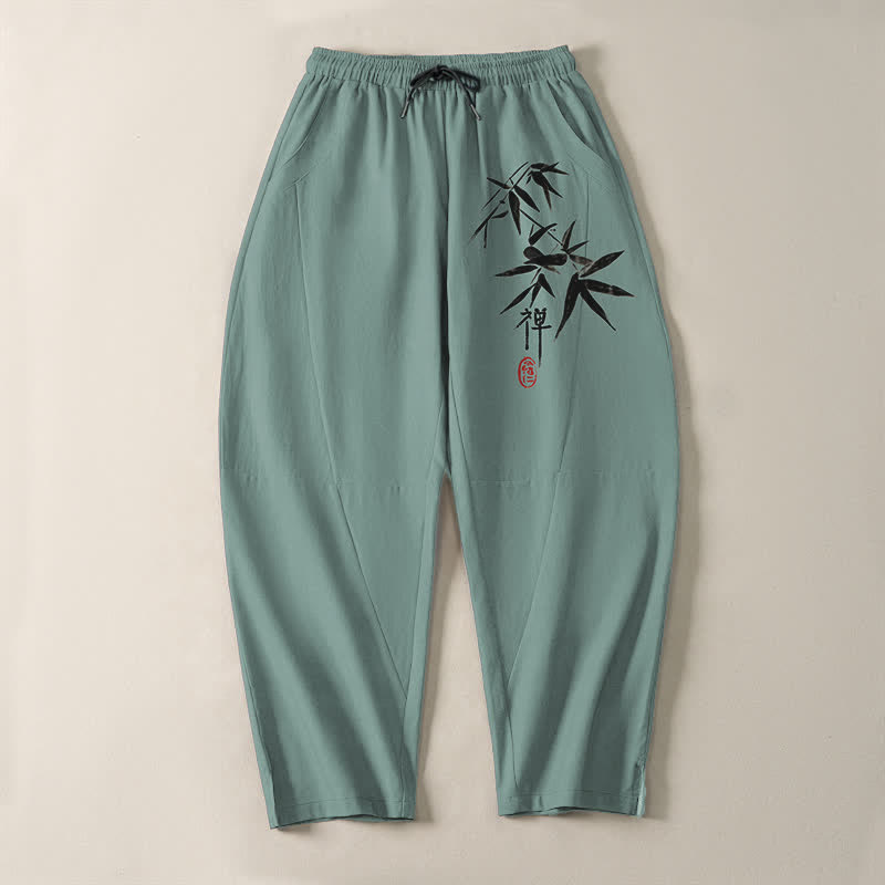Buddha Stones Pantaloni da uomo affusolati in puro cotone con motivo a foglie di bambù Zen e coulisse, con tasche. - image 9