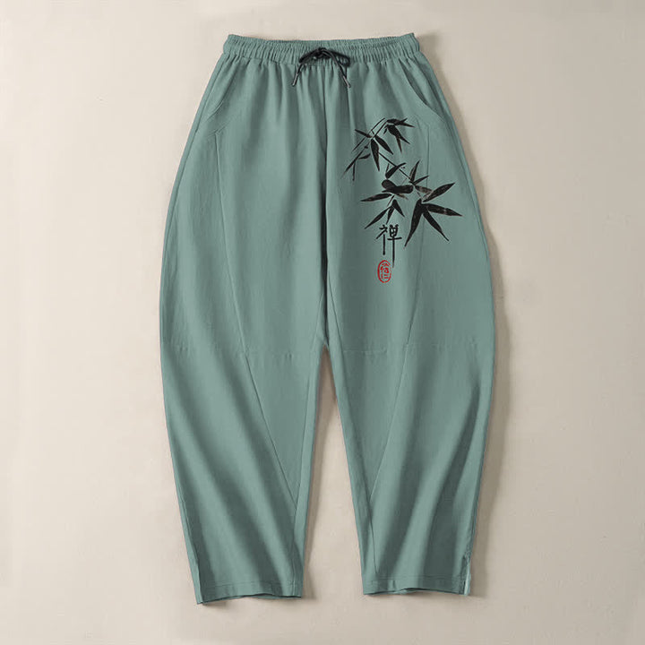 Buddha Stones Pantaloni da uomo affusolati in puro cotone con motivo a foglie di bambù Zen e coulisse, con tasche. - image 9