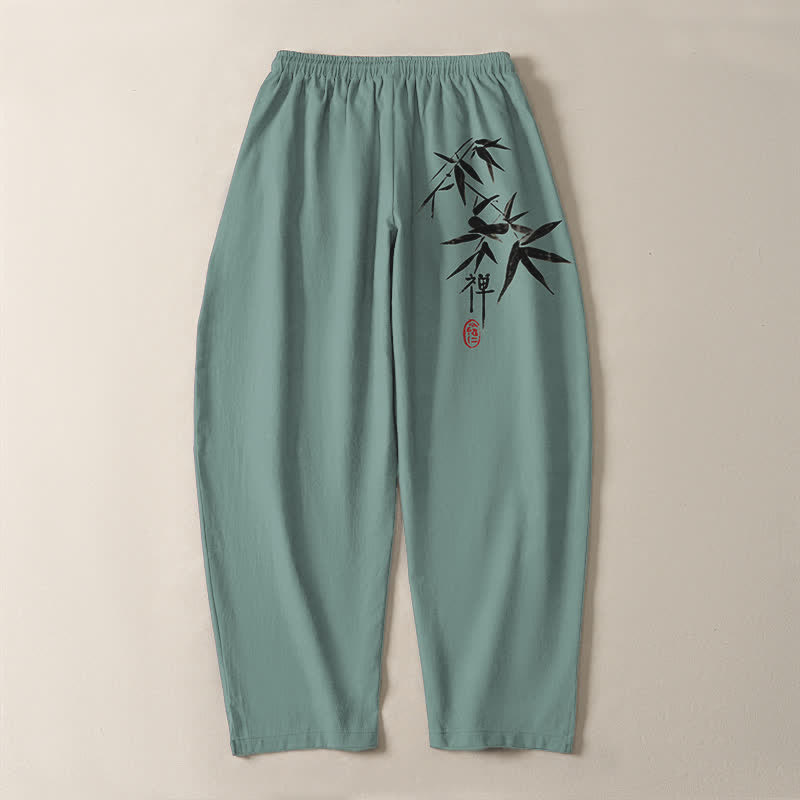 Buddha Stones Pantaloni da uomo affusolati in puro cotone con motivo a foglie di bambù Zen e coulisse, con tasche. - image 10