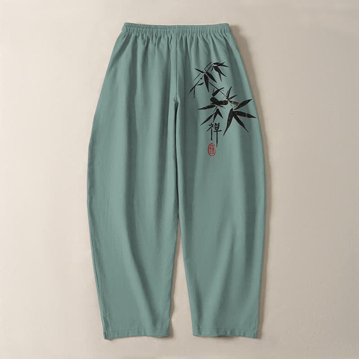 Buddha Stones Pantaloni da uomo affusolati in puro cotone con motivo a foglie di bambù Zen e coulisse, con tasche. - image 10
