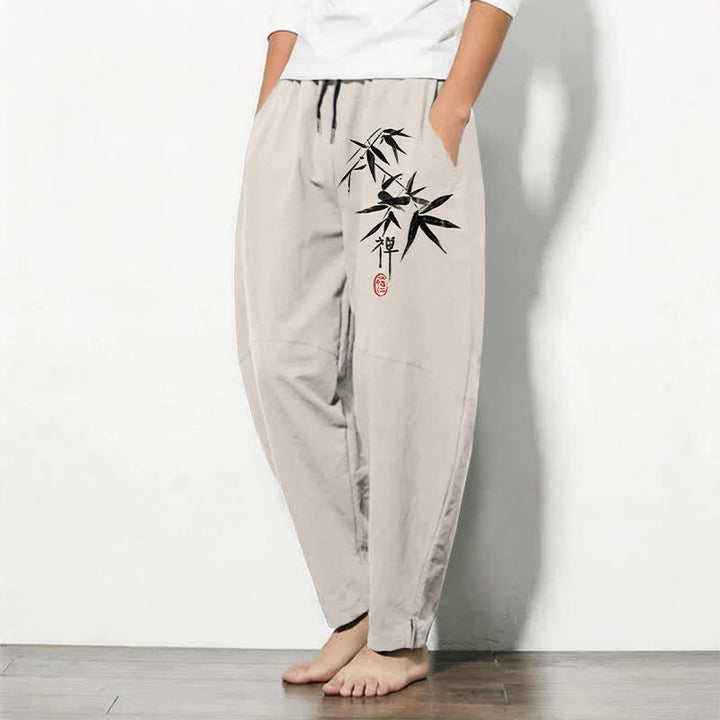 Buddha Stones Pantaloni da uomo affusolati in puro cotone con motivo a foglie di bambù Zen e coulisse, con tasche. - image 12