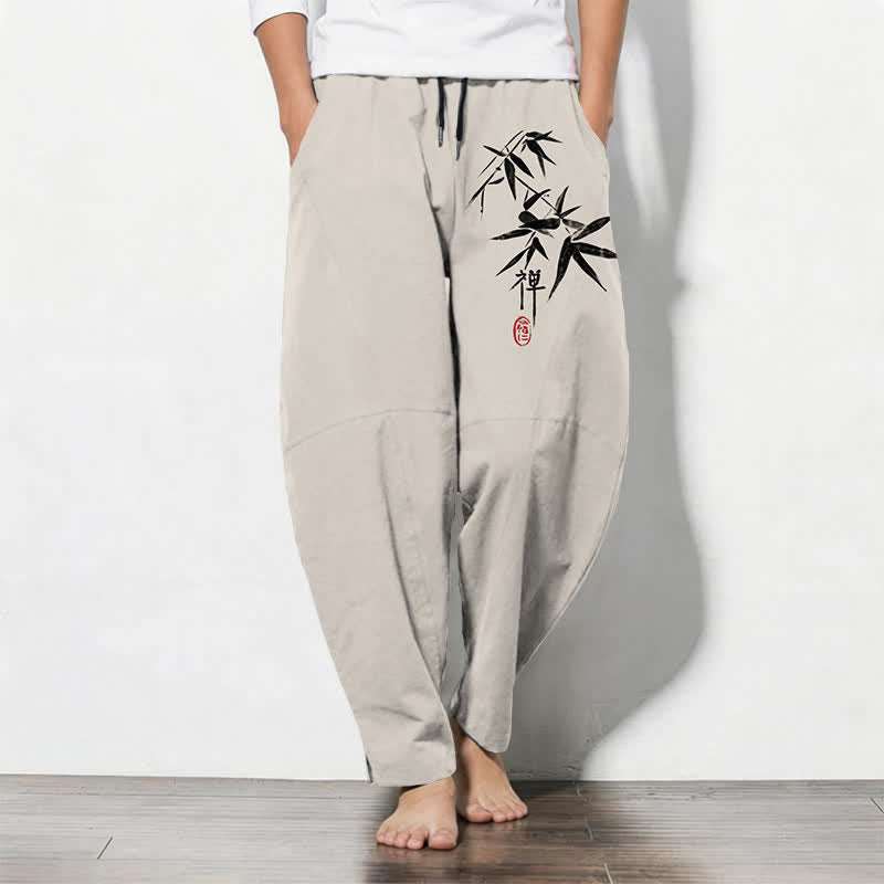 Buddha Stones Pantaloni da uomo affusolati in puro cotone con motivo a foglie di bambù Zen e coulisse, con tasche. - Beige - US/UK/AU50, EU60 (5XL) - image 11