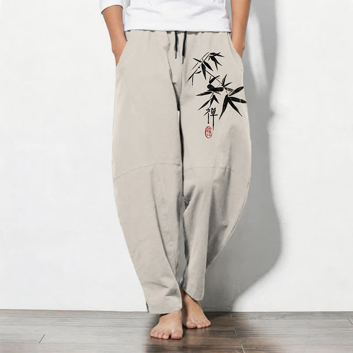 Buddha Stones Pantaloni da uomo affusolati in puro cotone con motivo a foglie di bambù Zen e coulisse, con tasche. - Beige - US/UK/AU50, EU60 (5XL) - image 11