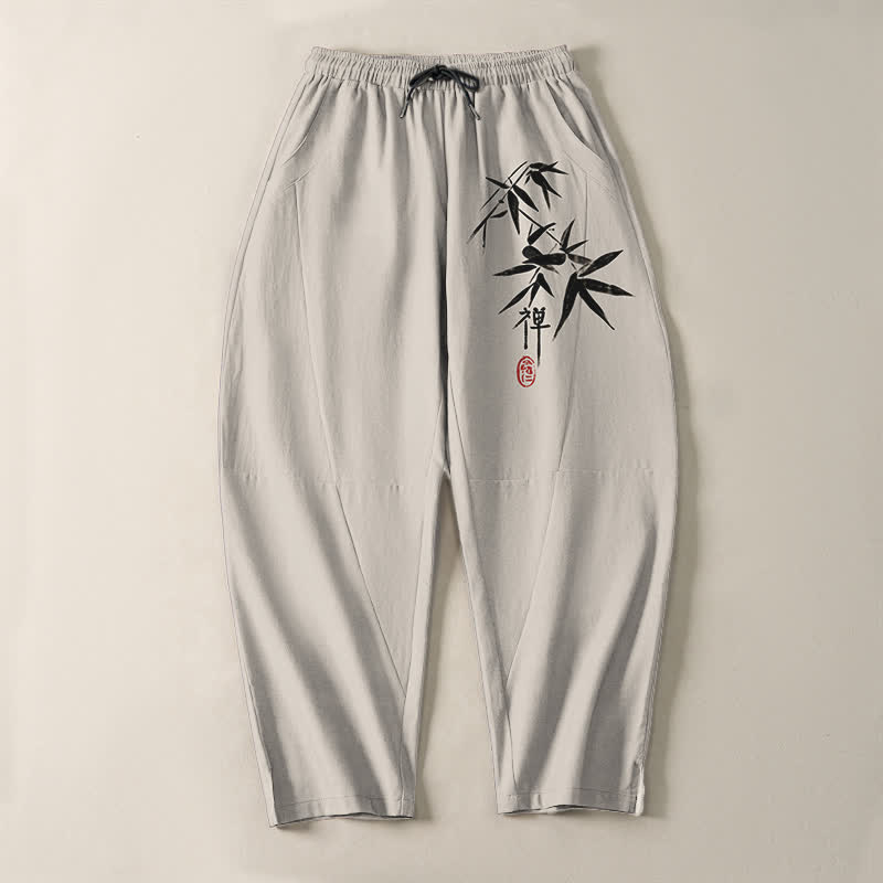 Buddha Stones Pantaloni da uomo affusolati in puro cotone con motivo a foglie di bambù Zen e coulisse, con tasche. - image 13
