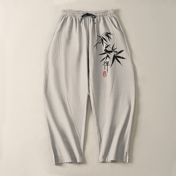 Buddha Stones Pantaloni da uomo affusolati in puro cotone con motivo a foglie di bambù Zen e coulisse, con tasche. - image 13