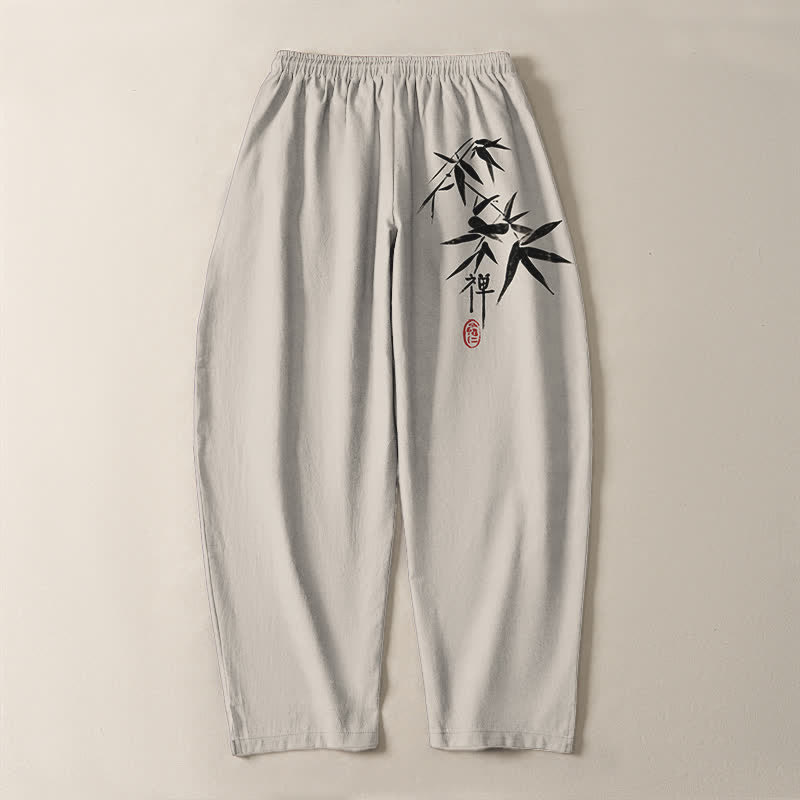 Buddha Stones Pantaloni da uomo affusolati in puro cotone con motivo a foglie di bambù Zen e coulisse, con tasche. - image 14