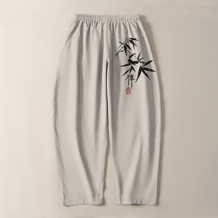 Buddha Stones Pantaloni da uomo affusolati in puro cotone con motivo a foglie di bambù Zen e coulisse, con tasche. - image 14