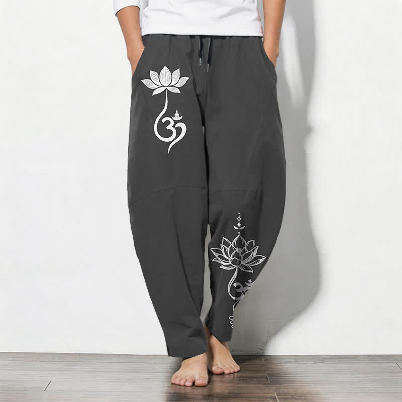 Buddha Stones Pantaloni da uomo affusolati in puro cotone con motivo Zen Om e coulisse, con tasche. - Nero - US/UK/AU50, EU60 (5XL) - image 0