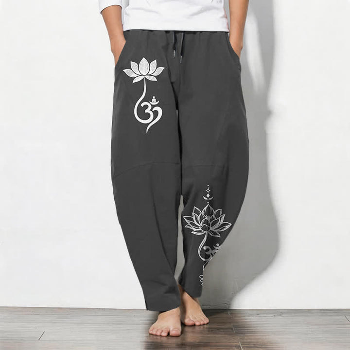 Buddha Stones Pantaloni da uomo affusolati in puro cotone con motivo Zen Om e coulisse, con tasche. - Nero - US/UK/AU50, EU60 (5XL) - image 0
