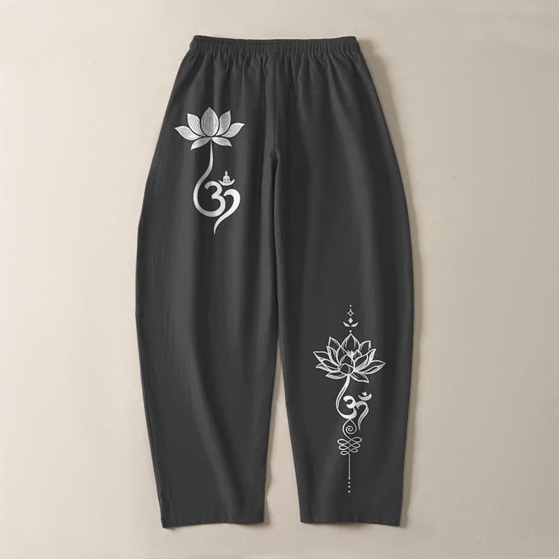 Buddha Stones Pantaloni da uomo affusolati in puro cotone con motivo Zen Om e coulisse, con tasche. - image 3